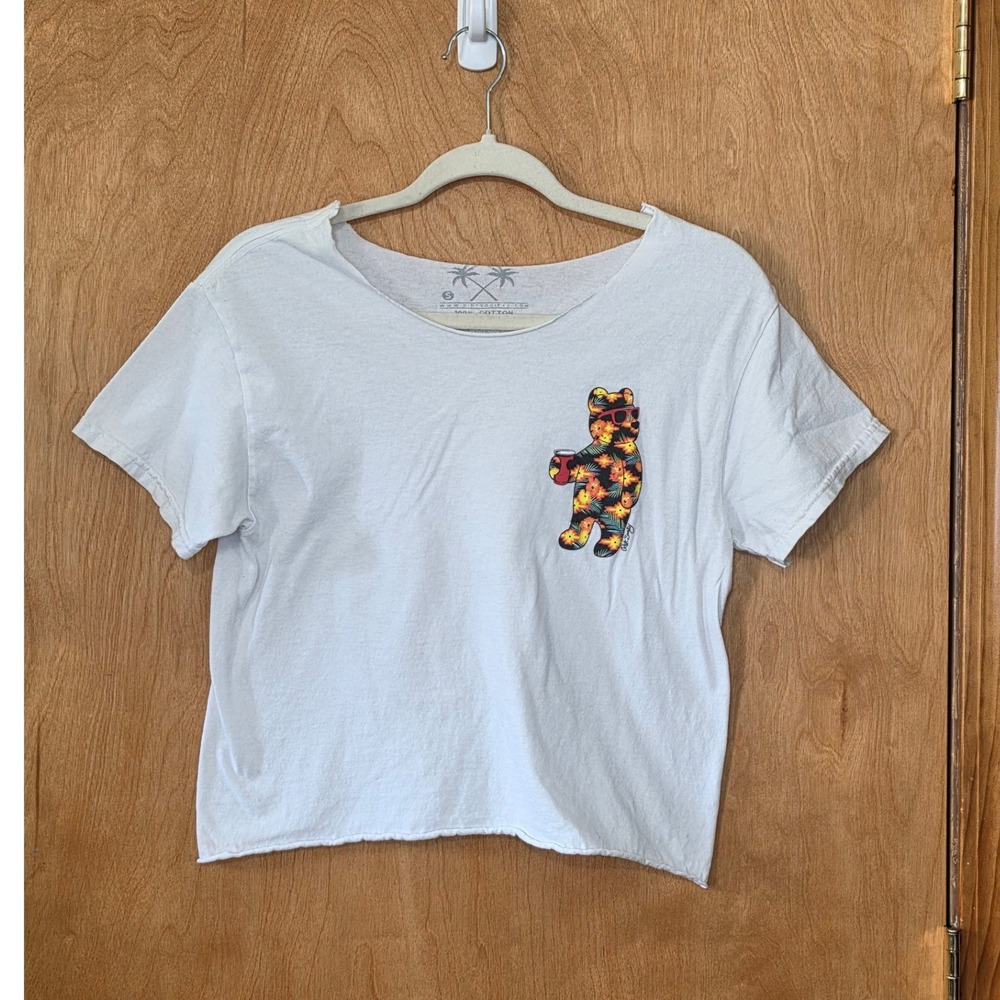 Riot Society White Crop Top Graphic Bear Floral Sunglasses Red Solo Cup Small